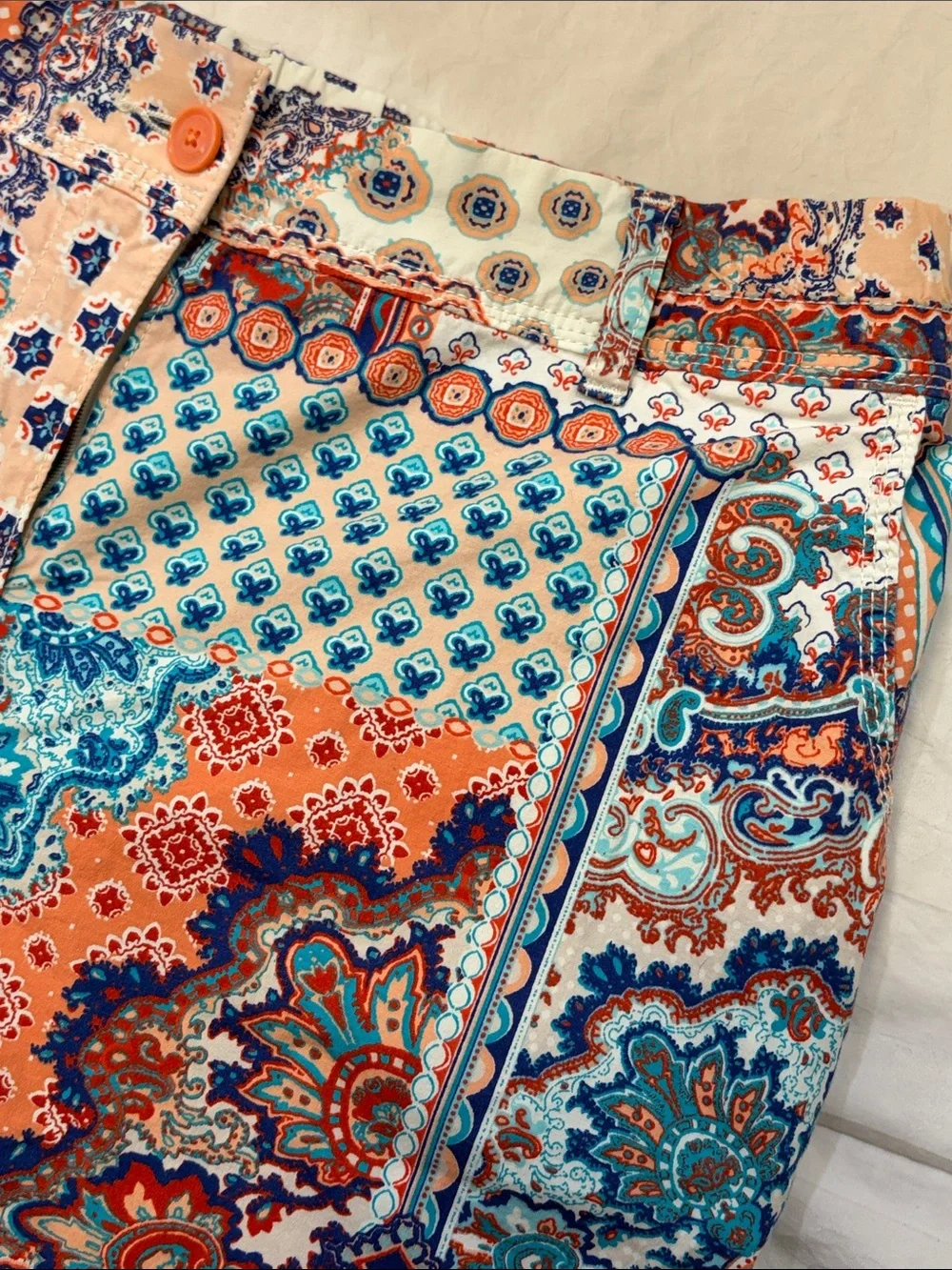 Chico's Coral & Teal Patchwork Print Bermuda Shorts